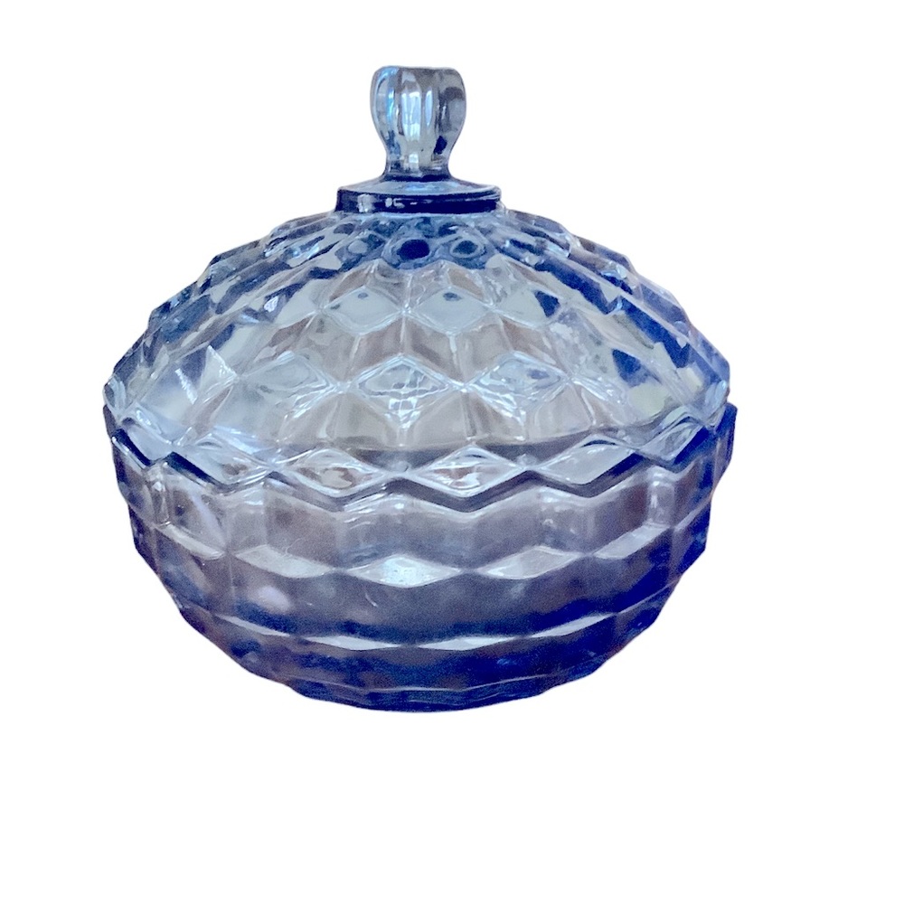 Vintage Indiana glass, white hall, blue ice, cubist, candy dish